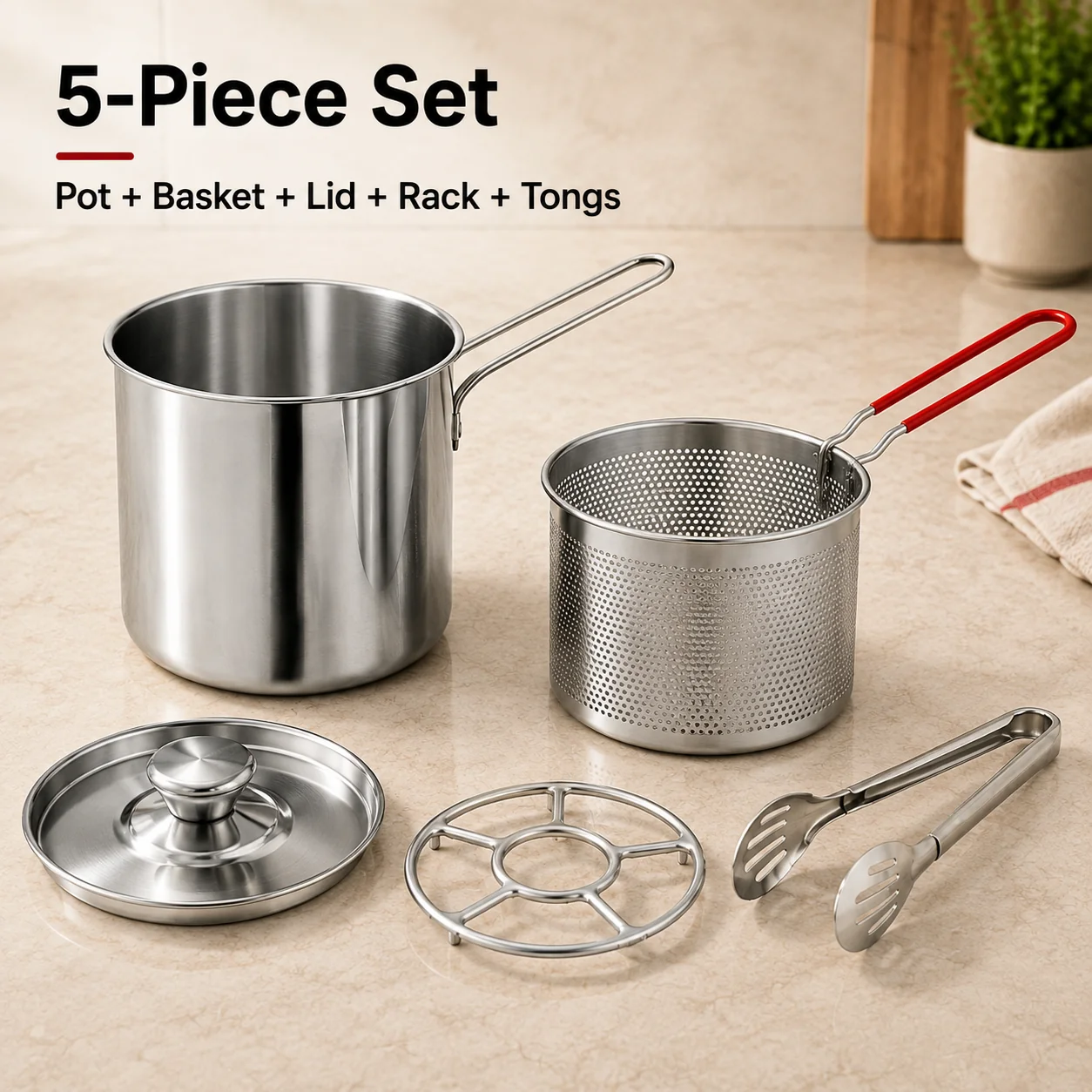 Personal Mini Deep Fryer Set โ Stainless Steel Pot with Lift-Out Draining Basket & Food Tongs